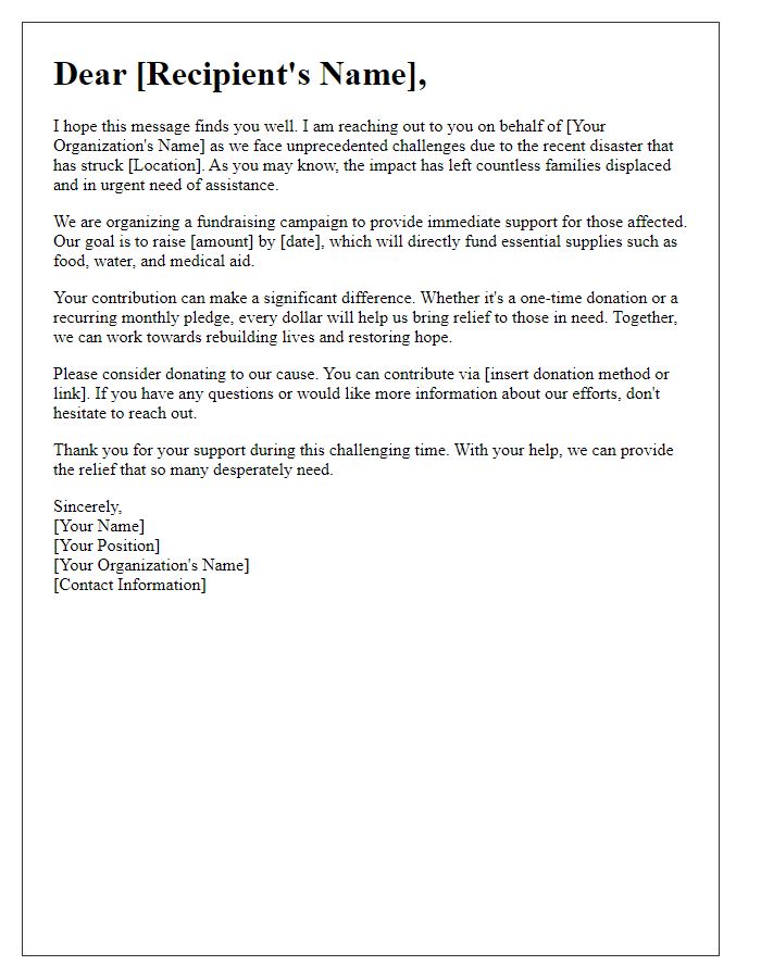 Letter template of fundraising request for disaster relief efforts