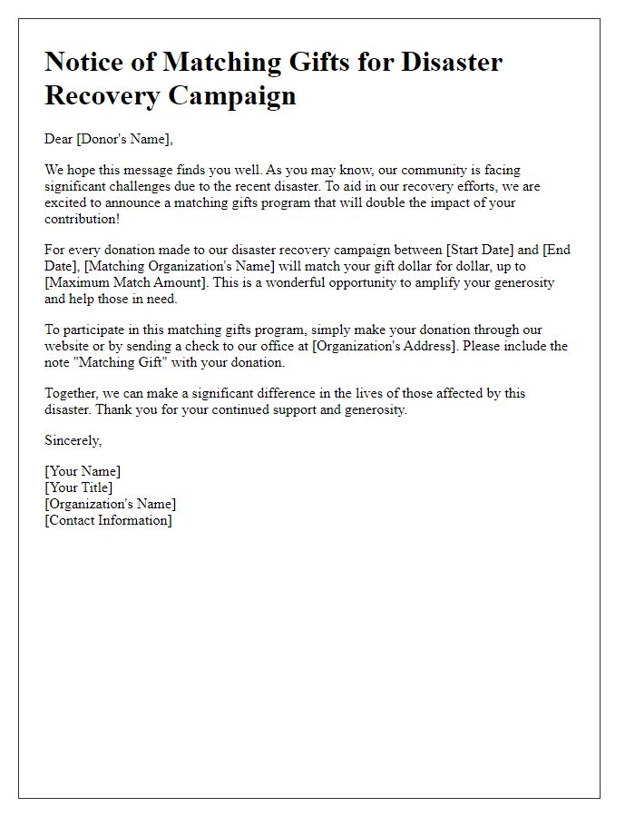 Letter template of notice for matching gifts in disaster recovery campaigns