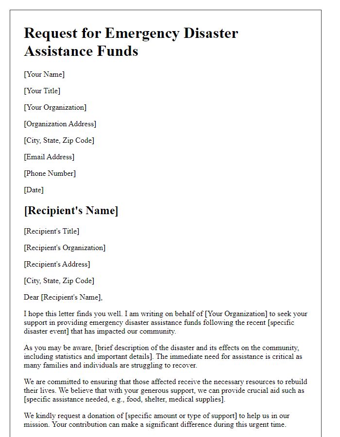 Letter template of outreach for emergency disaster assistance funds