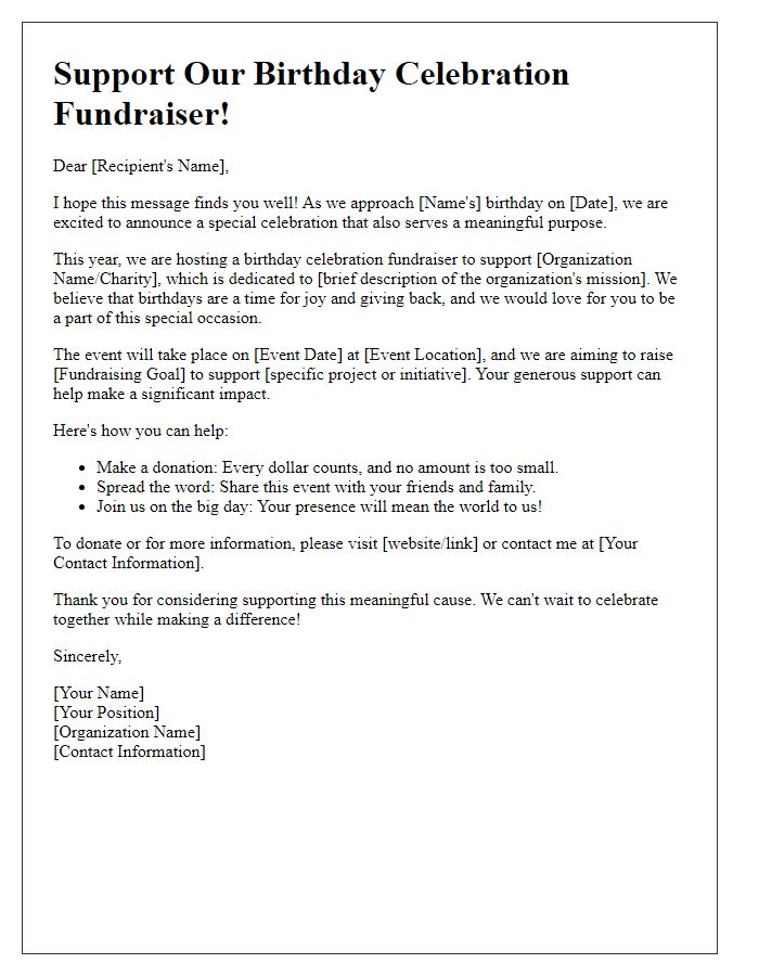 Letter template of birthday celebration fundraiser support letter for organizations.