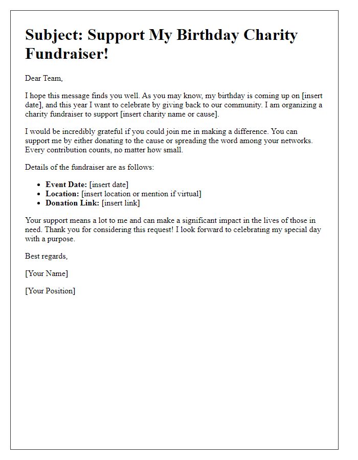 Letter template of birthday charity fundraiser support request for colleagues.