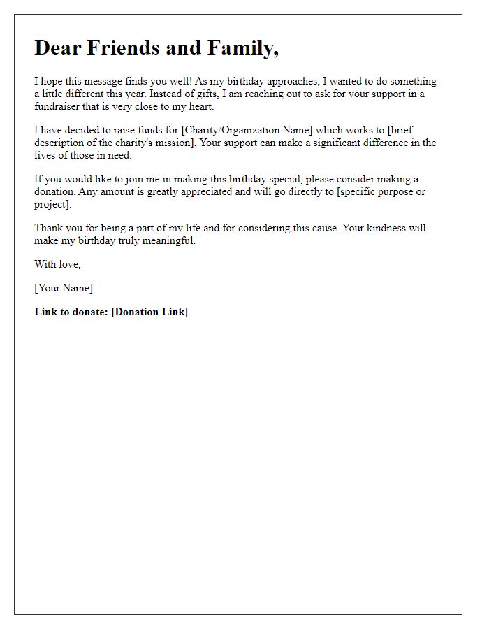 Letter template of birthday fundraiser donation appeal to friends and family.