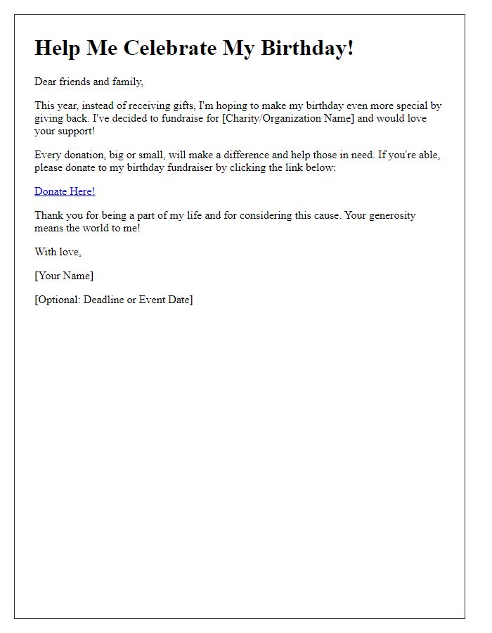 Letter template of birthday fundraiser message for online networks.