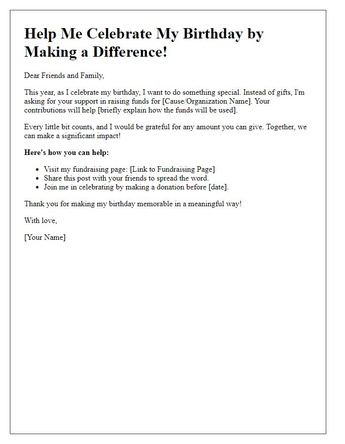 Letter template of birthday fundraising campaign appeal for social media.