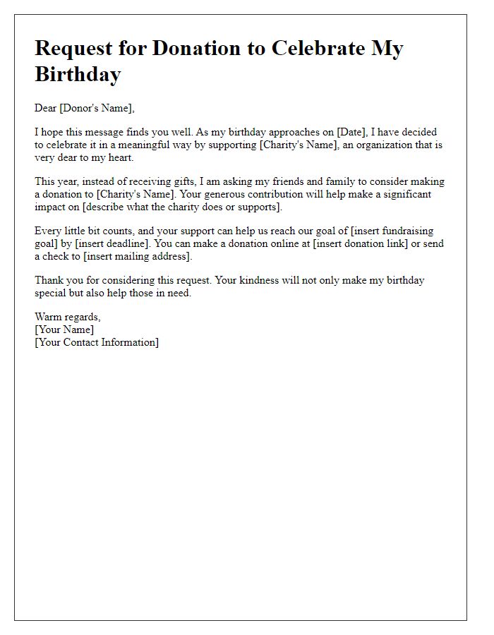 Letter template of birthday special event donation request for a charity.