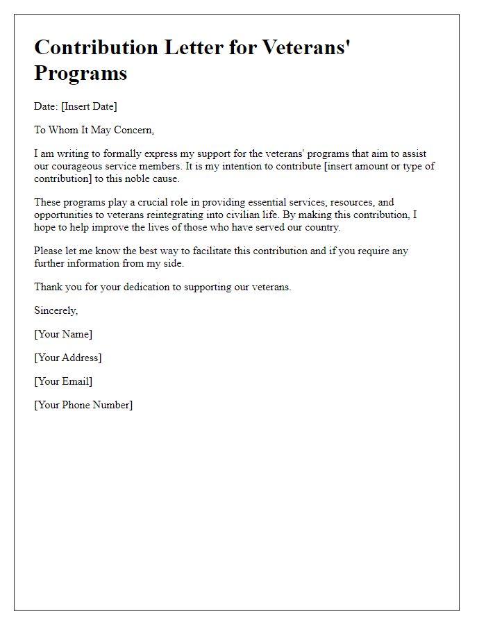 Letter template of contributions for veterans' programs.