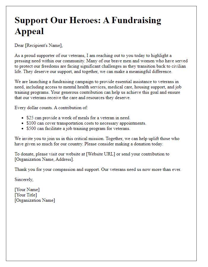 Letter template of fundraising appeal for veteran assistance.