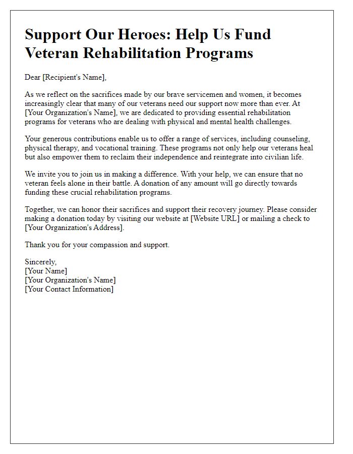 Letter template of fundraising letter for veteran rehabilitation programs.