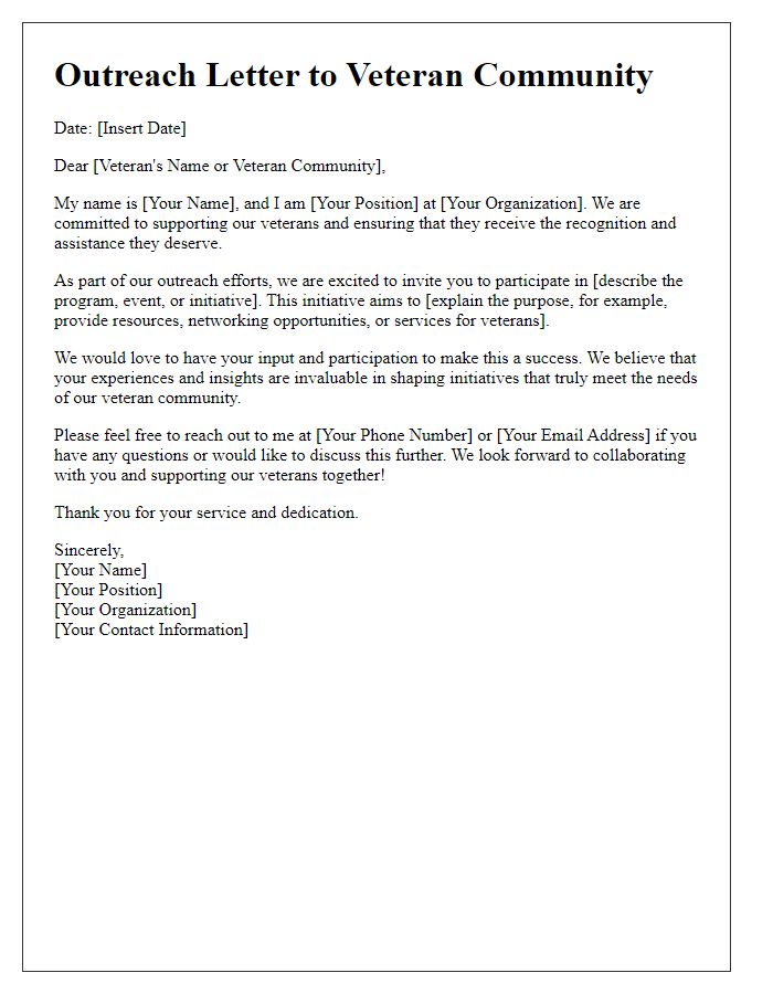 Letter template of outreach for veteran community support.