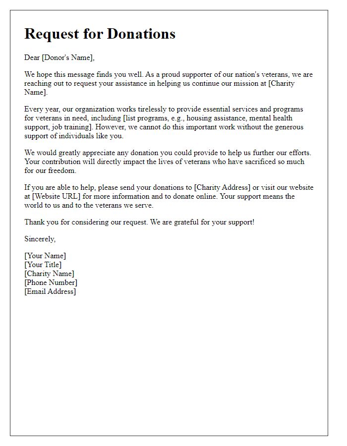 Letter template of veterans' charity donation request.