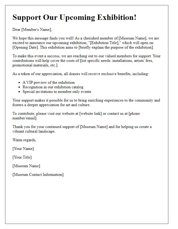 Letter template of museum exhibition fundraising communication for membership drives