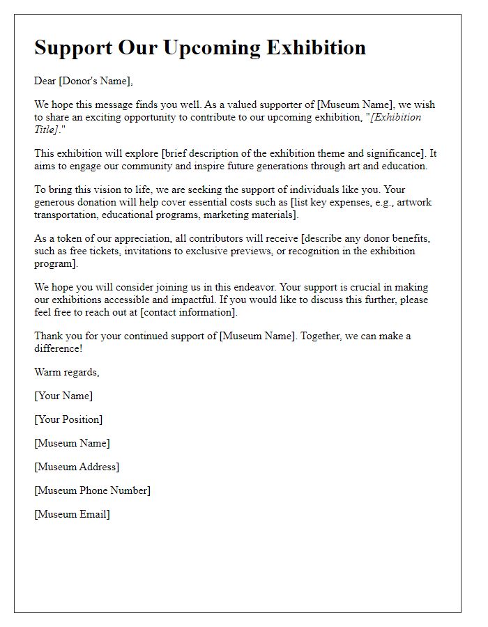 Letter template of museum exhibition fundraising outreach for individual donors