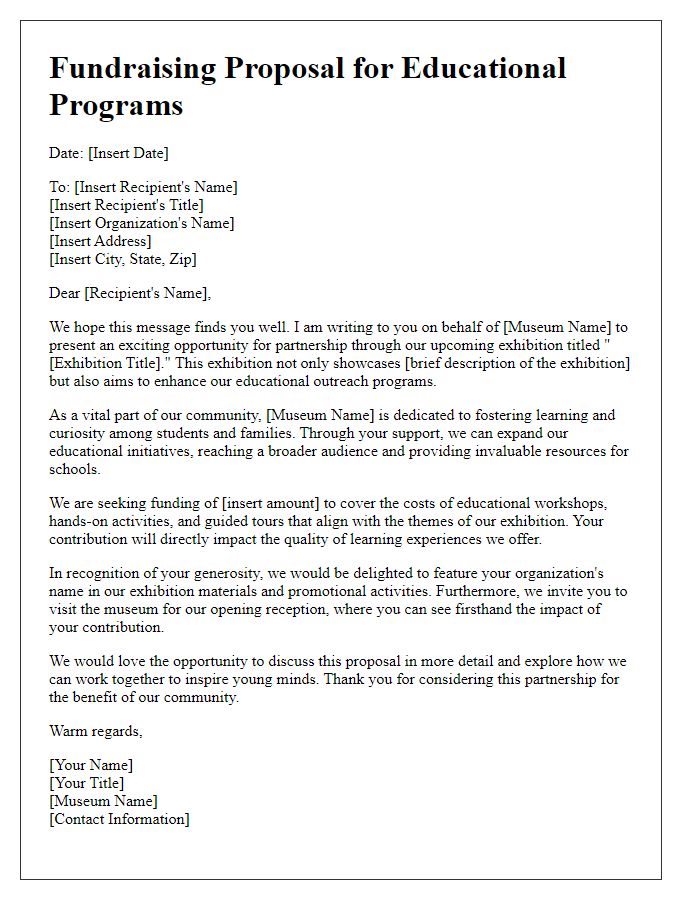 Letter template of museum exhibition fundraising proposal for educational programs