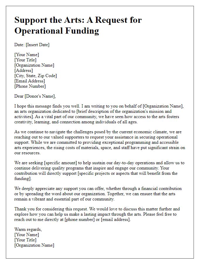 Letter template of fundraising request for an arts organization seeking operational support.