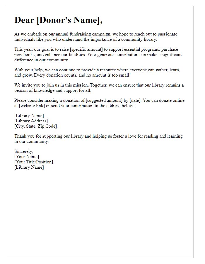 Letter template of library fundraising donation communication for annual campaign.