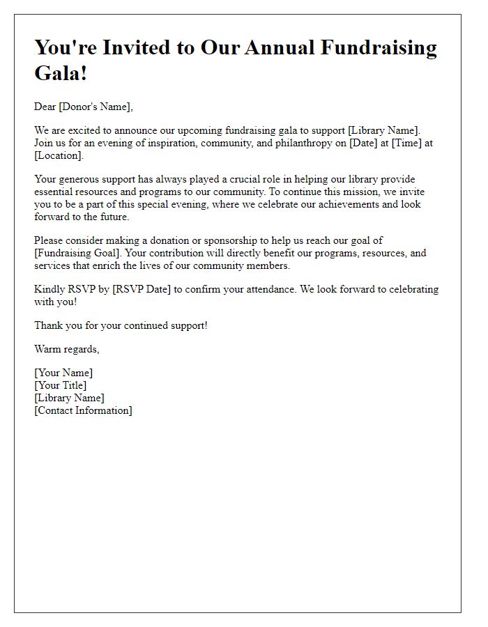 Letter template of library fundraising donation invitation for gala event.