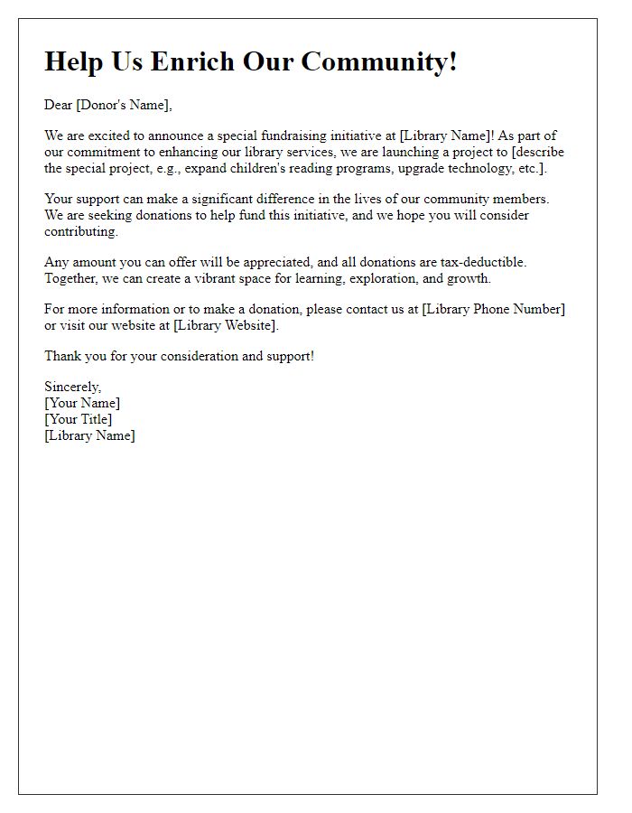 Letter template of library fundraising donation notice for special projects.