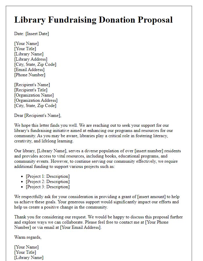 Letter template of library fundraising donation proposal for grant seekers.