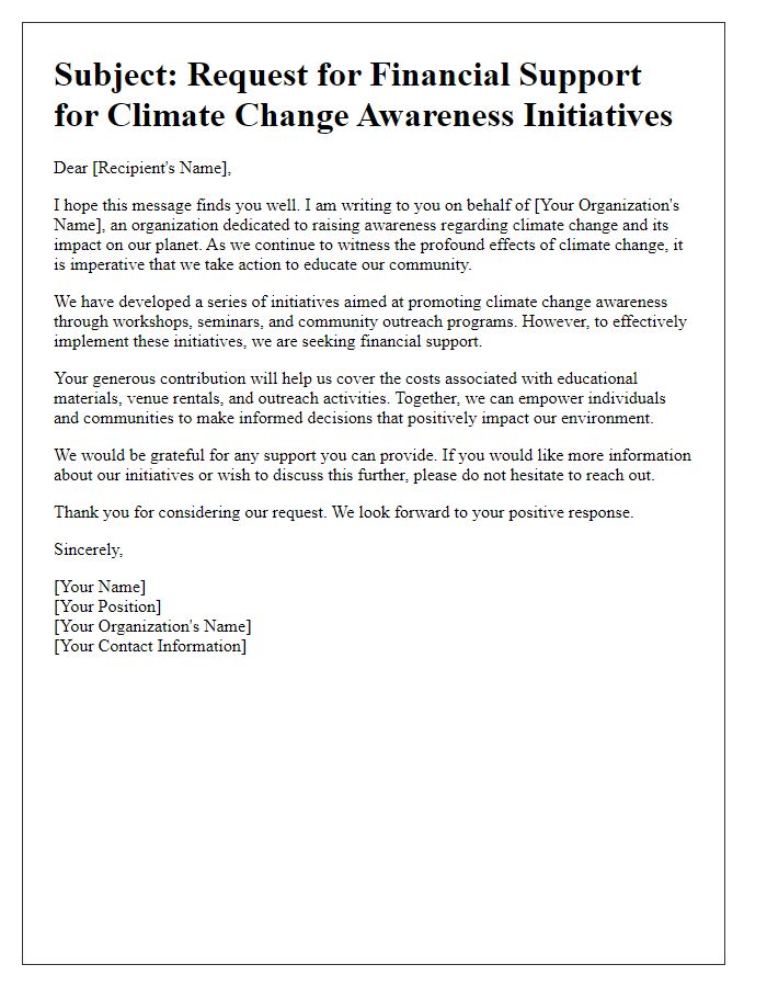 Letter template of financial support appeal for climate change awareness