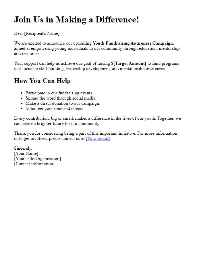 Letter template of awareness campaign for youth fundraising