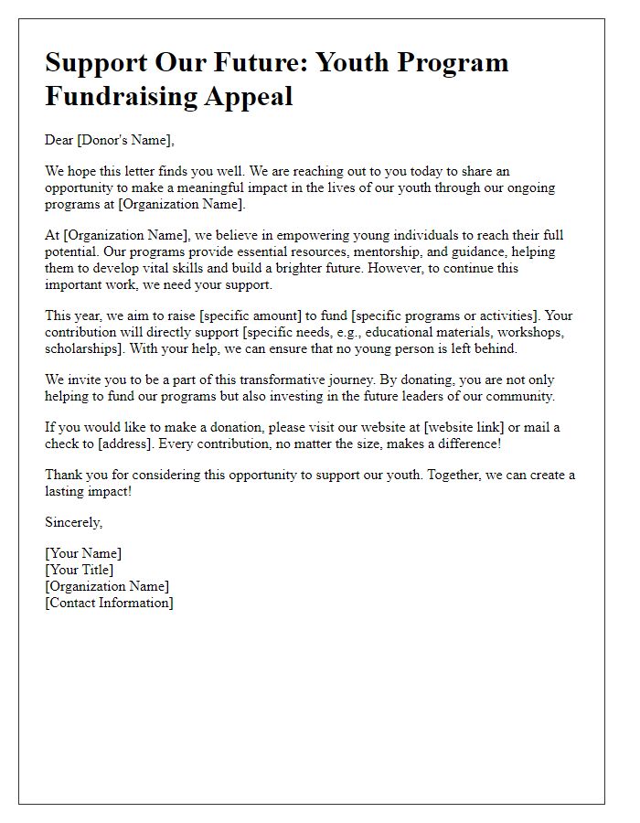 Letter template of youth program fundraising appeal