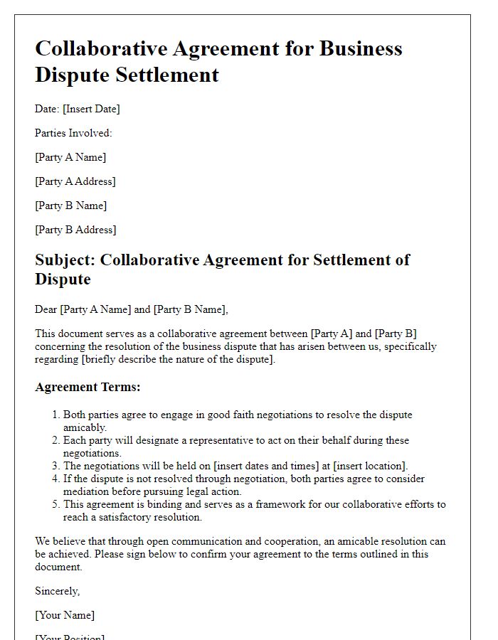 Letter template of collaborative agreement for business dispute settlement