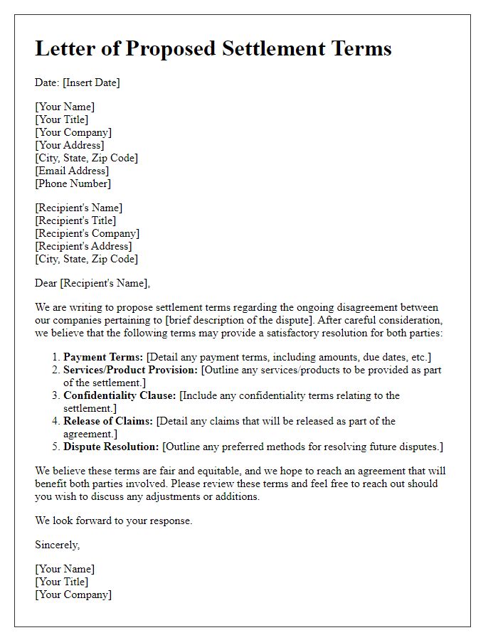 Letter template of proposed settlement terms for business disagreements