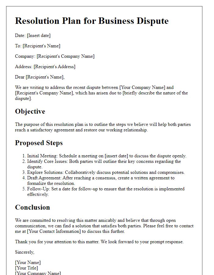 Letter template of resolution plan for business disputes