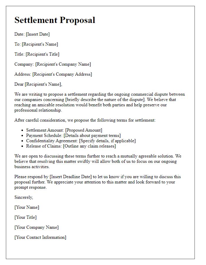 Letter template of settlement proposal for commercial disputes