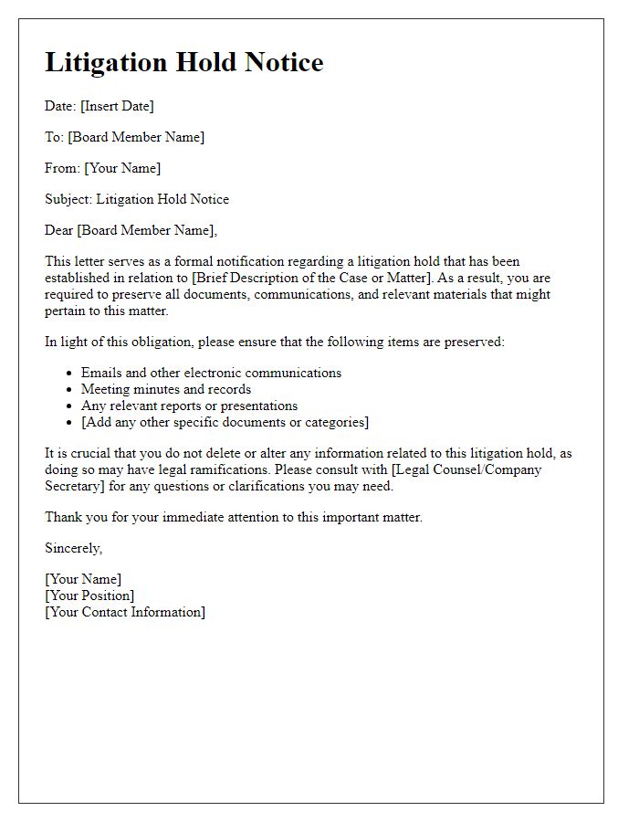 Letter template of litigation hold notice for board members