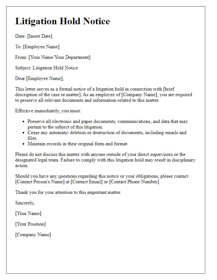 Letter template of litigation hold notice for employees