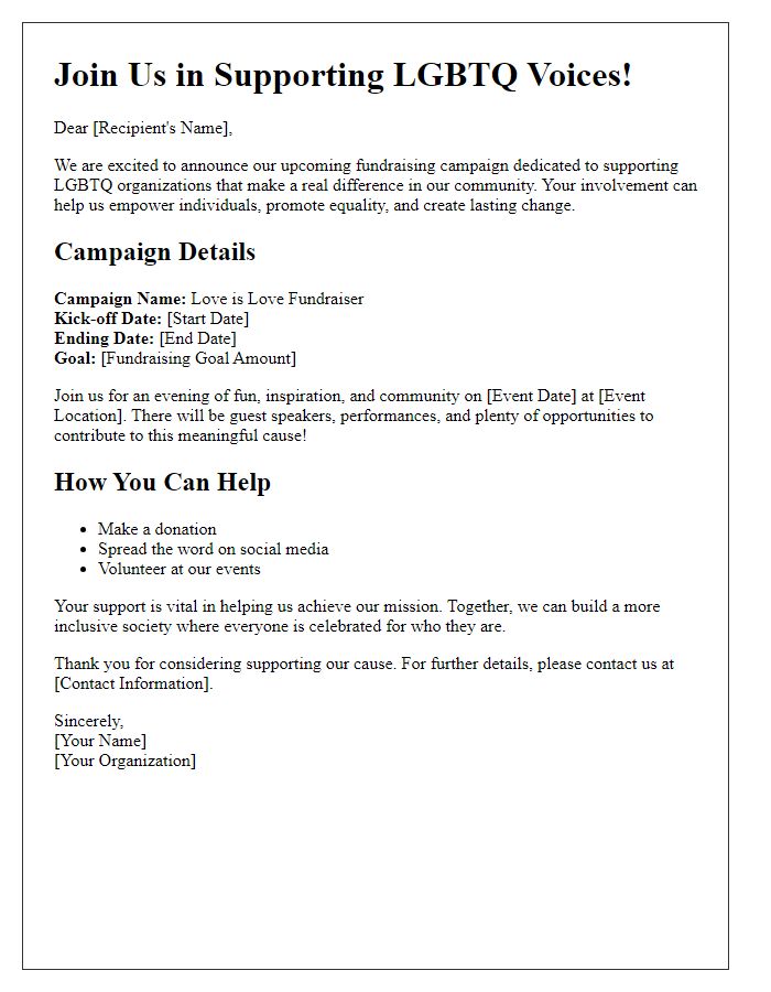 Letter template of campaign announcement for LGBTQ fundraising