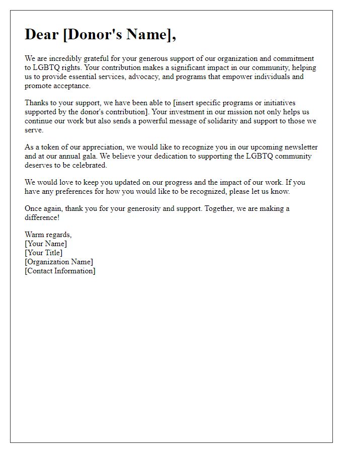 Letter template of donor recognition for LGBTQ support