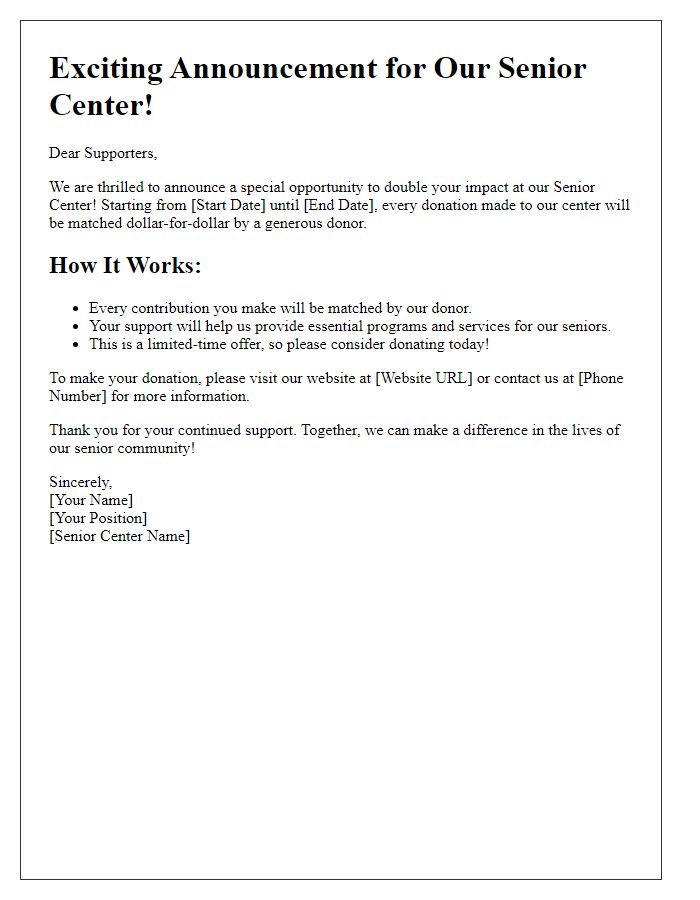 Letter template of announcement for senior center donation matching