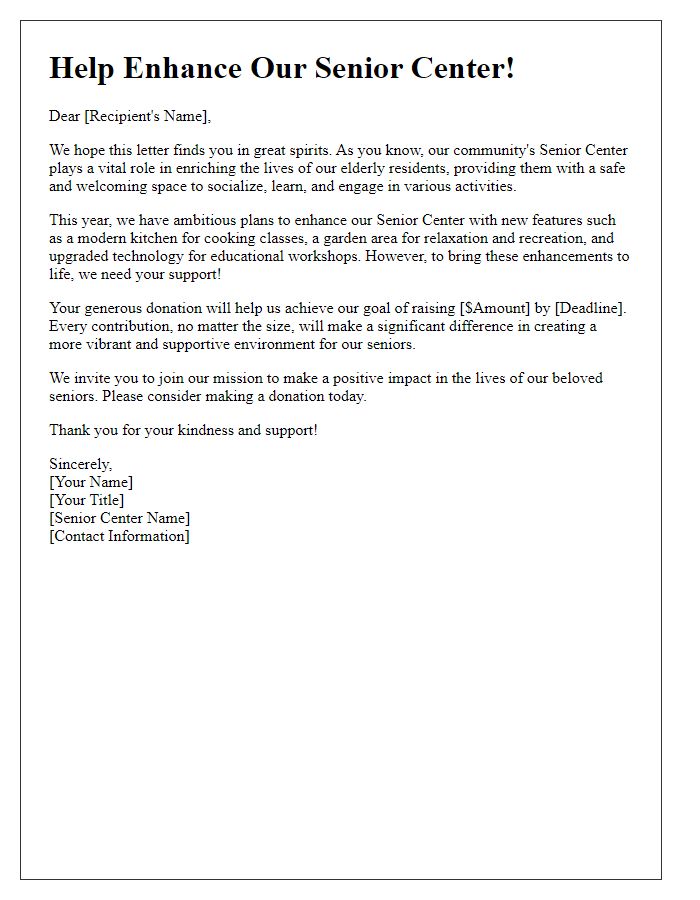 Letter template of fundraising appeal for senior center enhancements