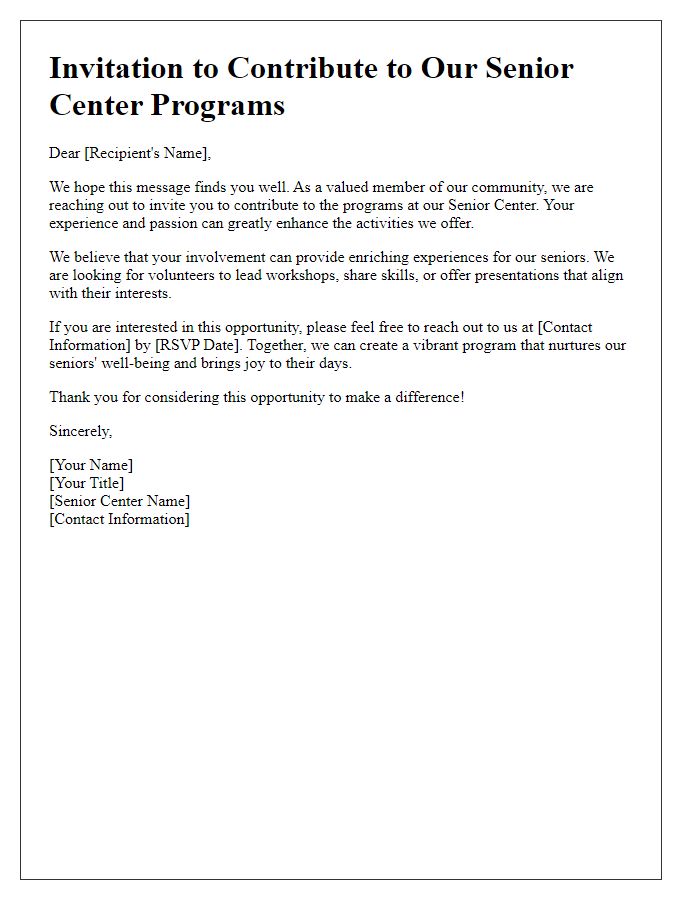 Letter template of invitation to contribute to senior center programs