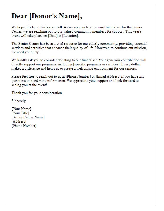 Letter template of solicitation for senior center annual fundraiser