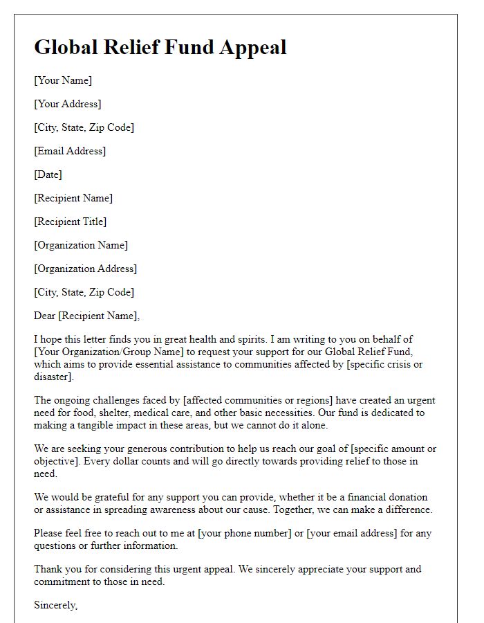 Letter template of global relief fund appeal