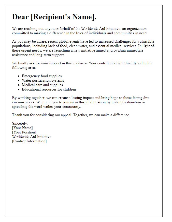 Letter template of worldwide aid initiative appeal