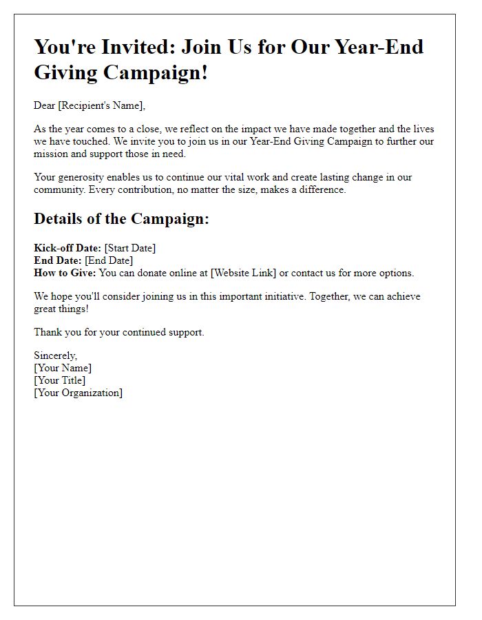 Letter template of year-end giving campaign invitation