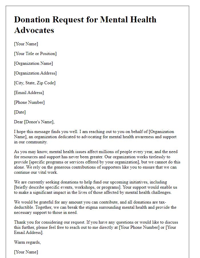 Letter template of donation request for mental health advocates