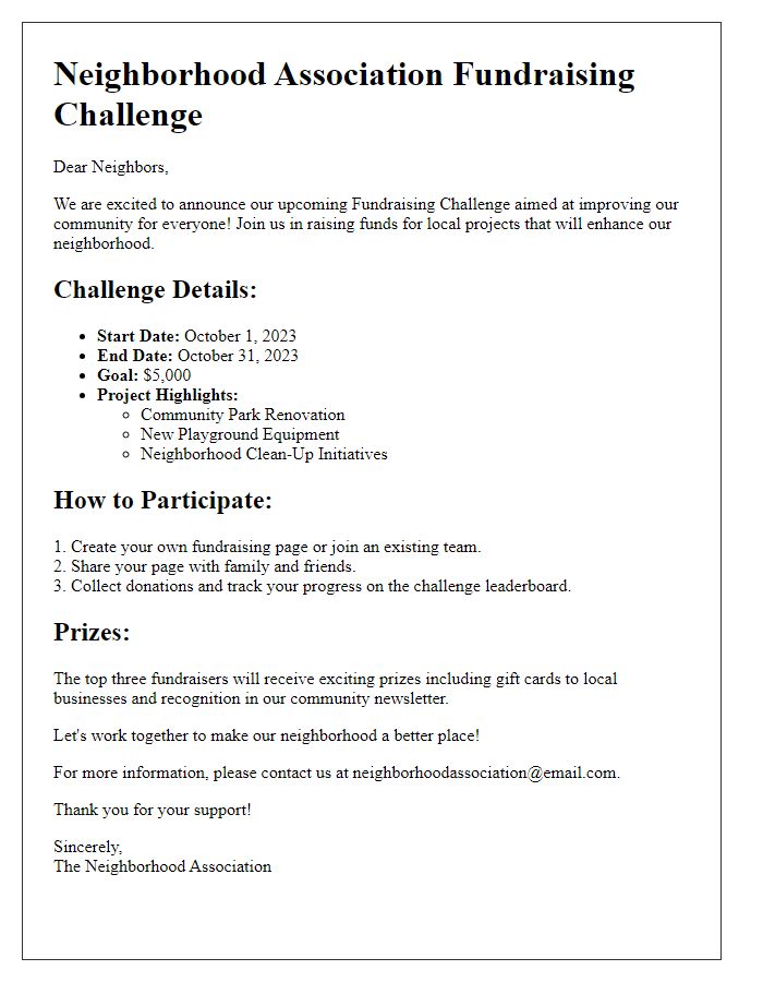 Letter template of neighborhood association fundraising challenge details