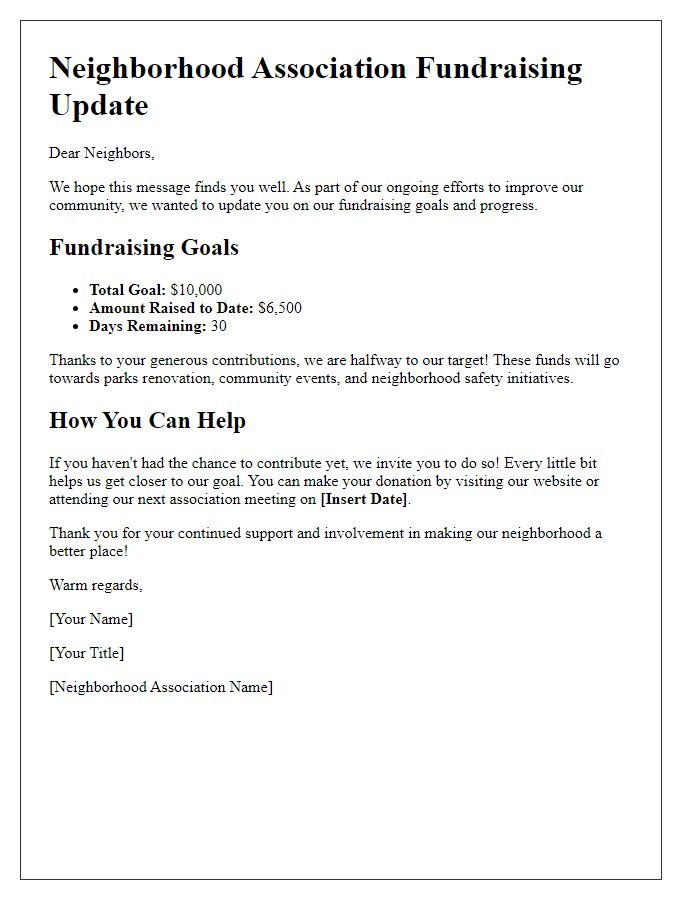 Letter template of neighborhood association fundraising goal update