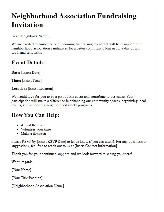 Letter template of neighborhood association fundraising invitation