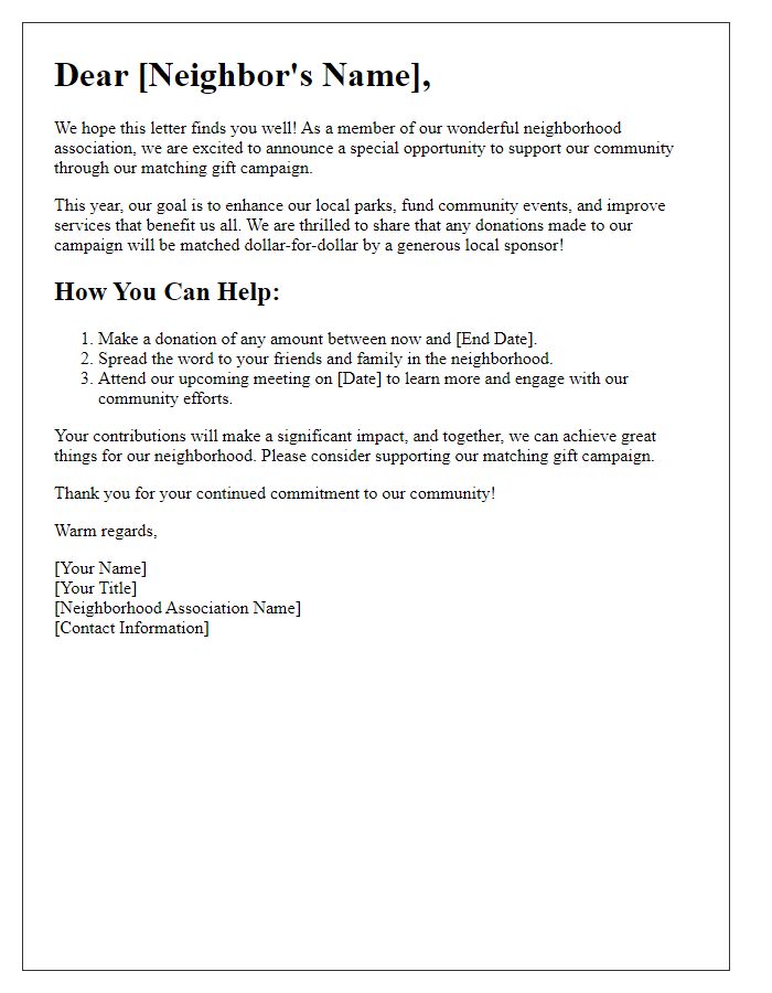 Letter template of neighborhood association matching gift campaign