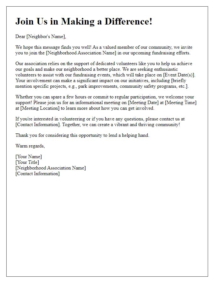 Letter template of neighborhood association volunteer recruitment for fundraising