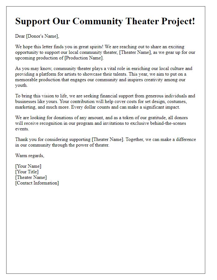 Letter template of donation solicitation for community theater project.