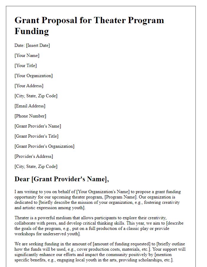 Letter template of grant proposal for theater program funding.