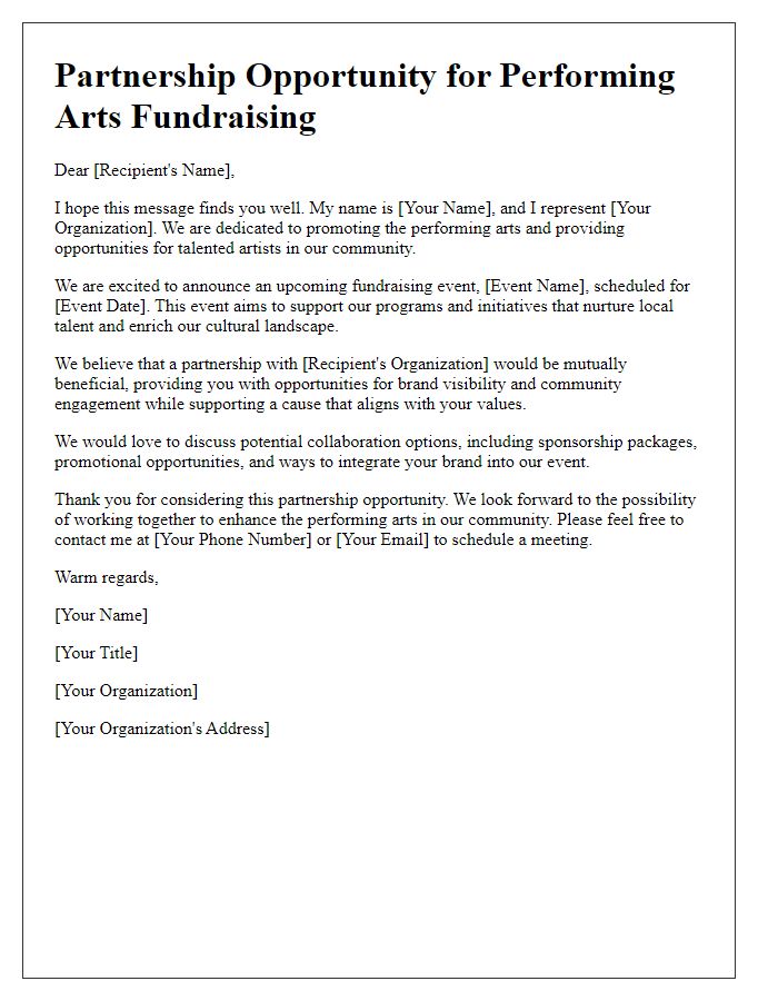 Letter template of partnership opportunity for performing arts fundraising.