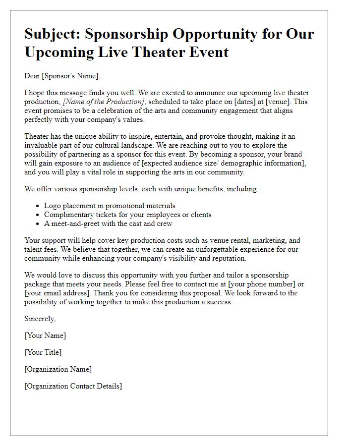 Letter template of sponsorship appeal for live theater event.